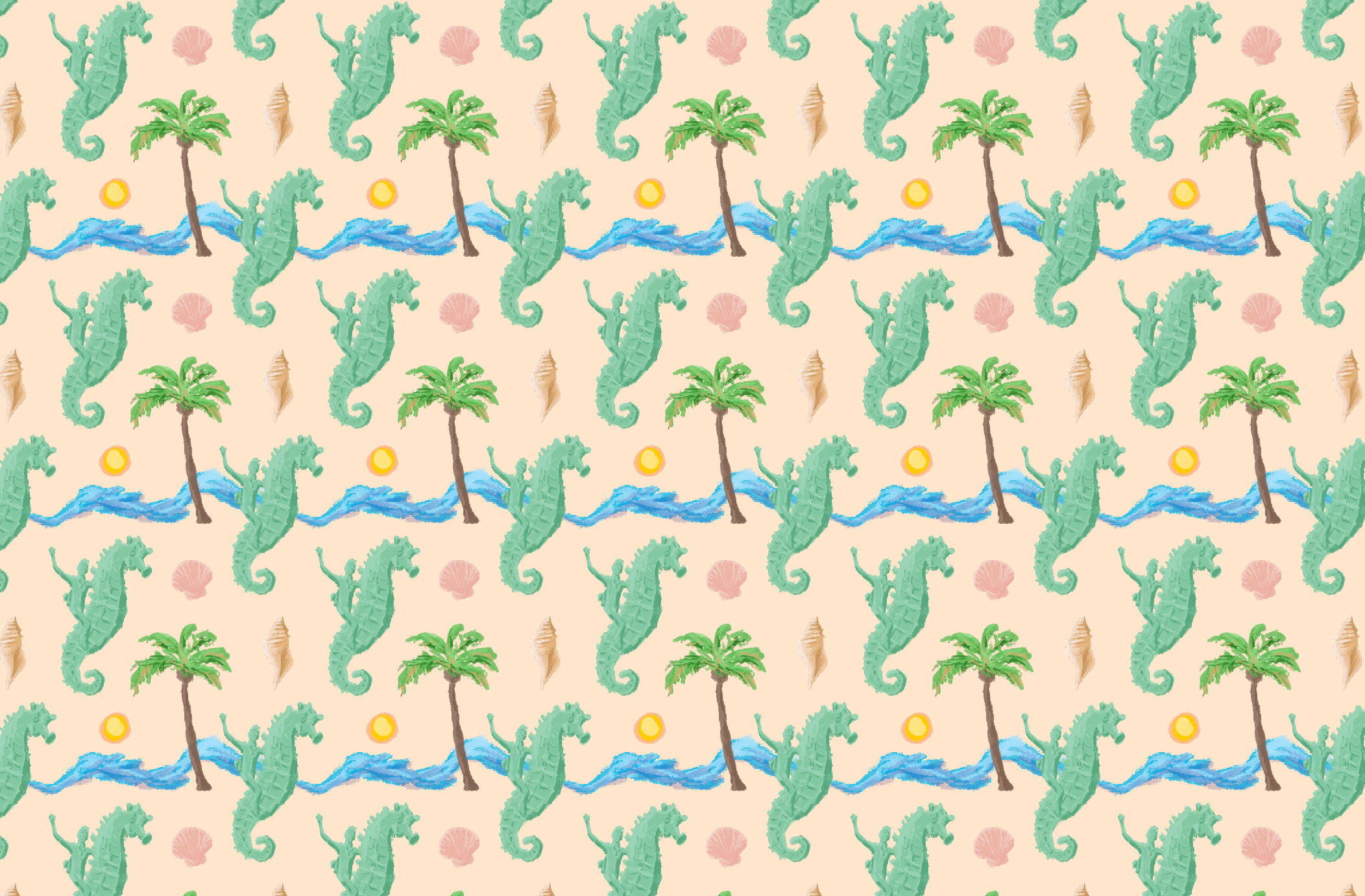 tiled pattern showing a green seahorse statue, ocean waves, the sun, and similar beach elements.